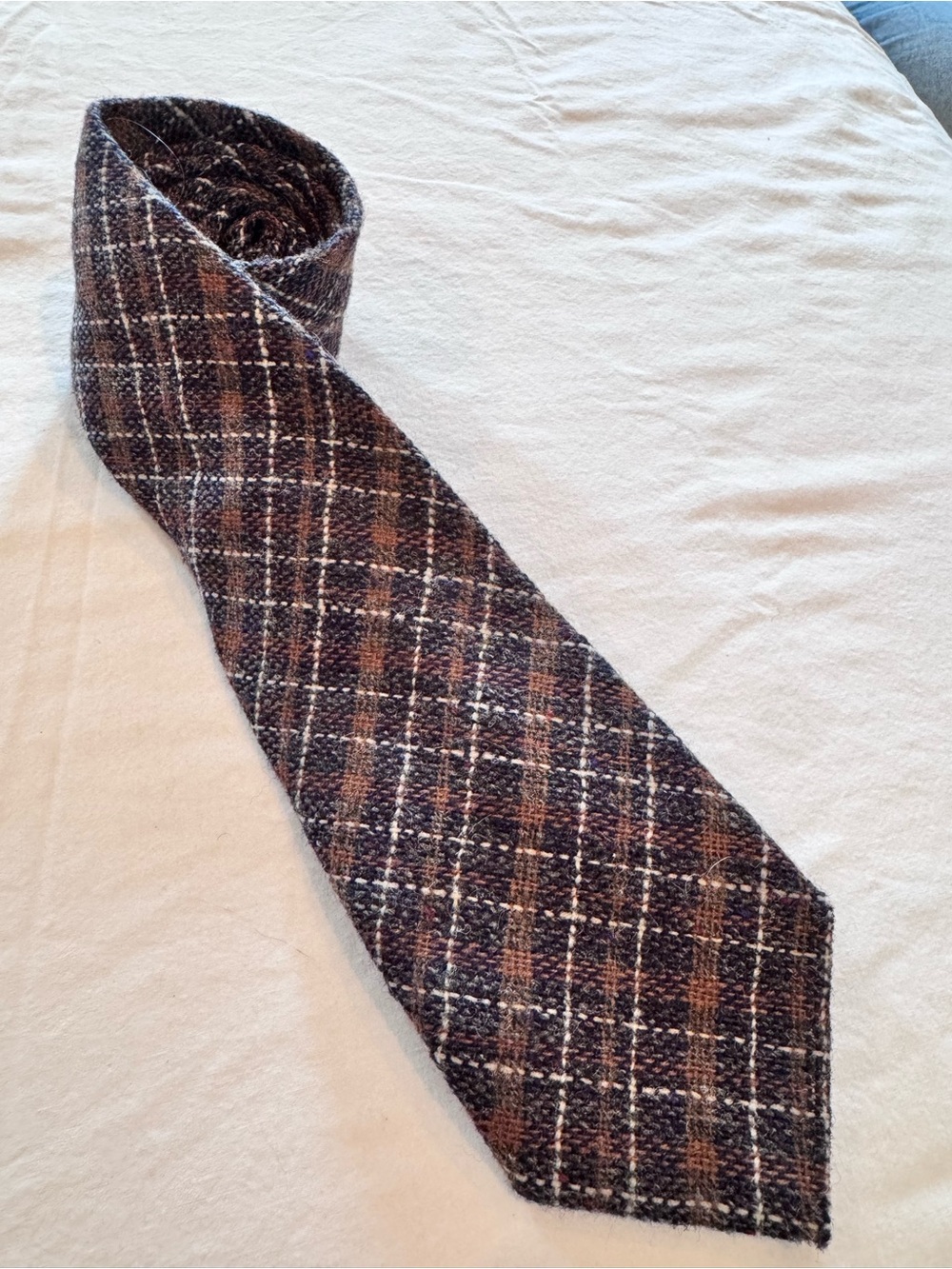 Siwan Woolen Mill Brown & Navy Plaid Wool Tie - Unbranded woven in Wales